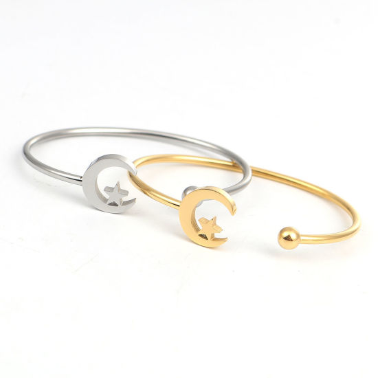 Immagine di 304 Acciaio Inossidabile Aprire Braccialetti Tono Argento Luna Stella 17.7cm Lunghezza, 1 Pz