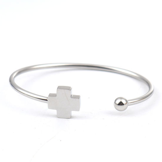 Immagine di 304 Acciaio Inossidabile Aprire Braccialetti Tono Argento Croce 17.5cm Lunghezza, 1 Pz
