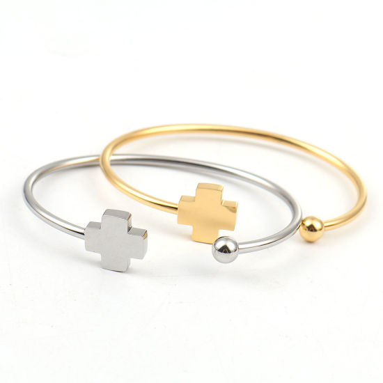 Immagine di 304 Acciaio Inossidabile Aprire Braccialetti Tono Argento Croce 17.5cm Lunghezza, 1 Pz