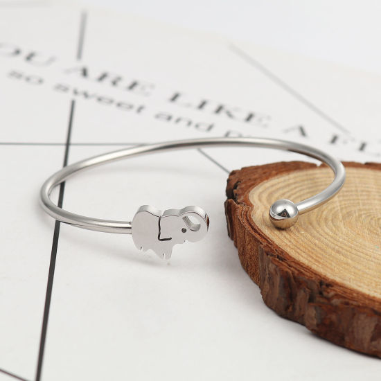 Immagine di 304 Acciaio Inossidabile Aprire Braccialetti Tono Argento Elefante 17.5cm Lunghezza, 1 Pz