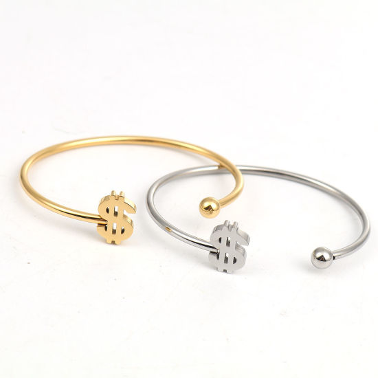 Imagen de 304 Acero Inoxidable Abierta Cuff Brazaletes Pulseras Chapado en Oro Dólar 16.9cm longitud, 1 Unidad