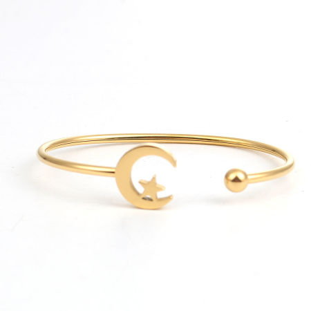 304 Edelstahl Offen Manschette Armreife Armband Vergoldet Halbmond Stern 17.7cm lang, 1 Stück