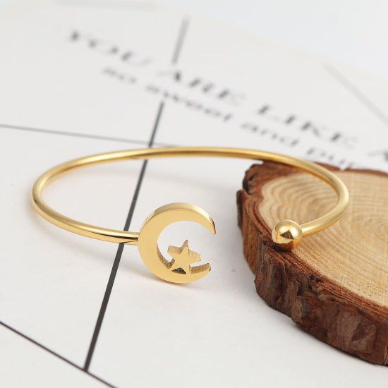 Изображение 304 Нержавеющая Сталь Полуоткрытый Браслет Позолоченный Луна половина Звезда 17.7см Длина, 1 ШТ