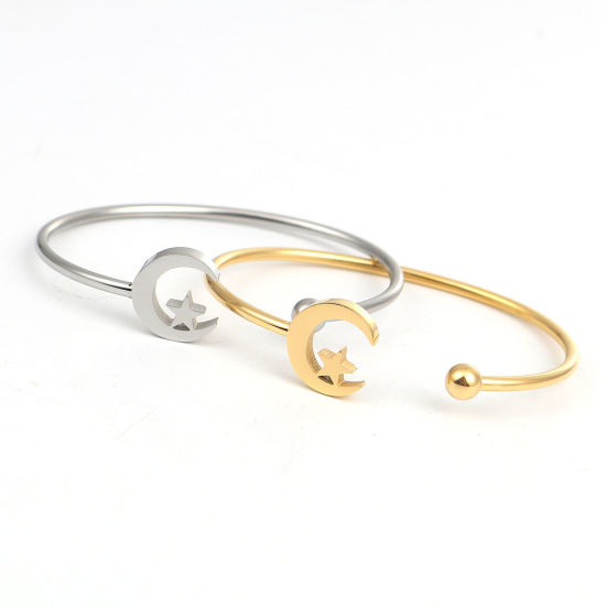 Изображение 304 Нержавеющая Сталь Полуоткрытый Браслет Позолоченный Луна половина Звезда 17.7см Длина, 1 ШТ