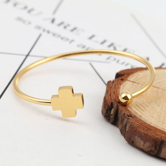 Bild von 304 Edelstahl Offen Manschette Armreife Armband Vergoldet Kreuz 17.5cm lang, 1 Stück