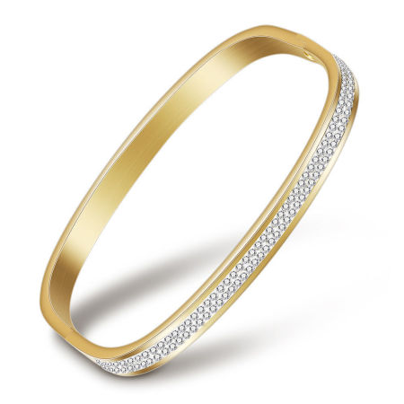 316L Stainless Steel Bangles Bracelets Gold Plated Rectangle Clear Rhinestone Can Open 6.9cm(2 6/8") x 5.9cm(2 3/8"), 1 Piece