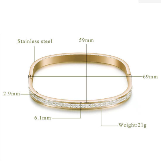 Image de Bracelets en 316L Acier Inoxydable Doré Rectangle Strass Transparent Pouvoir Ouvrir 6.9cm x 5.9cm, 1 Pièce