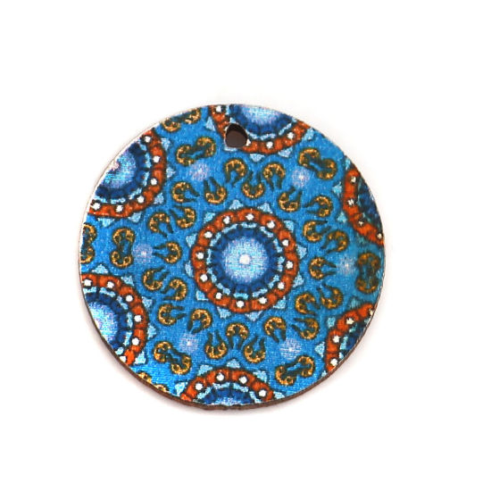 Immagine di 20 Pz Legno Naturale Ciondoli Blu Tondo Disco Fiore 20mm 