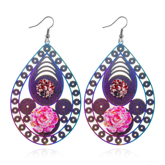 Imagen de Acero Inoxidable Pendientes Multicolor Gota Rosa Color Plateado 9.3cm x 5cm, 1 Par