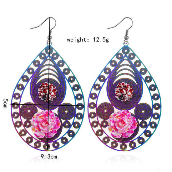 Imagen de Acero Inoxidable Pendientes Multicolor Gota Rosa Color Plateado 9.3cm x 5cm, 1 Par