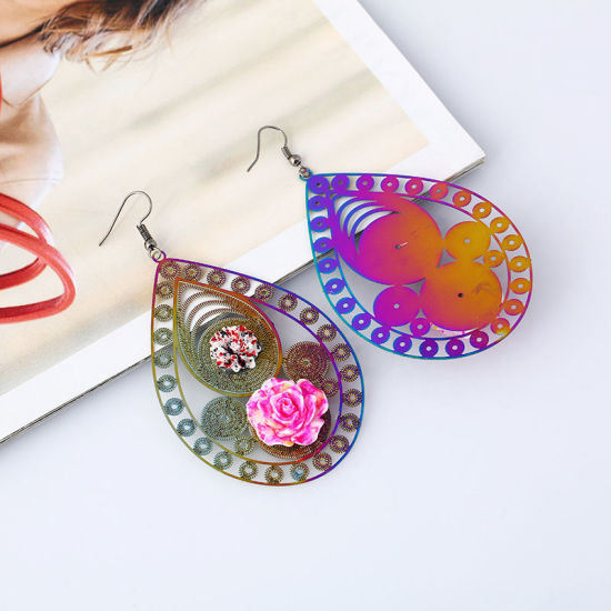 Imagen de Acero Inoxidable Pendientes Multicolor Gota Rosa Color Plateado 9.3cm x 5cm, 1 Par