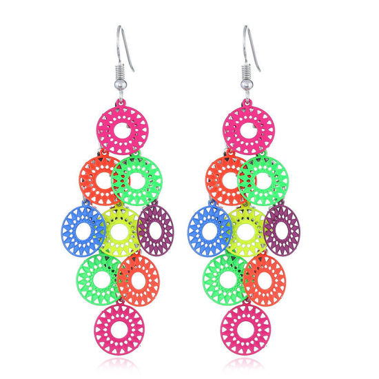 Immagine di Acciaio Inossidabile Orecchino Multicolore Tondo Sole Colore Placcato 7.5cm x 2.7cm, 1 Paio