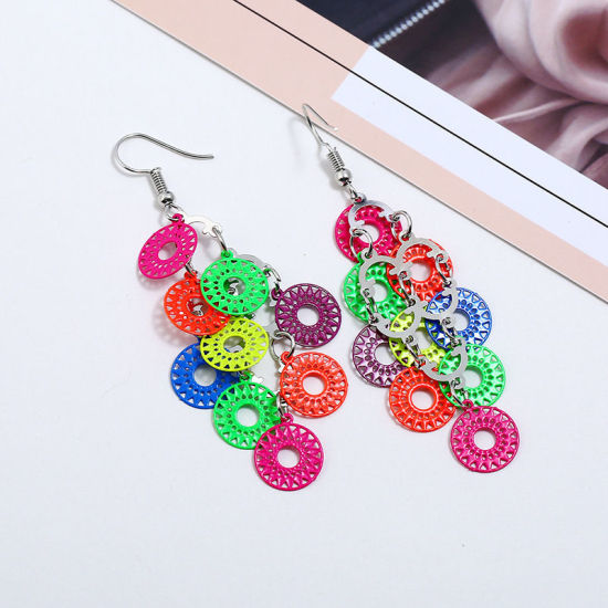 Immagine di Acciaio Inossidabile Orecchino Multicolore Tondo Sole Colore Placcato 7.5cm x 2.7cm, 1 Paio