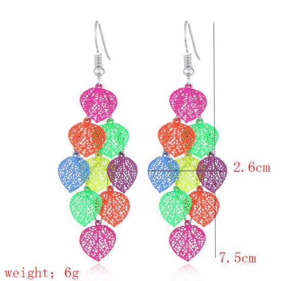 Immagine di Acciaio Inossidabile Orecchino Multicolore Cuore Foglia Colore Placcato 7.5cm x 2.6cm, 1 Paio