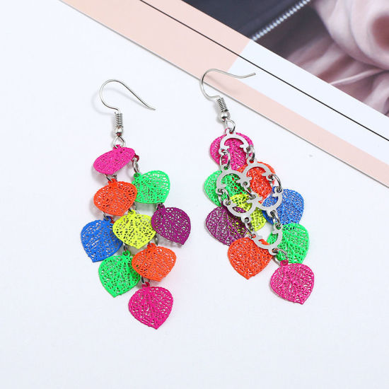 Immagine di Acciaio Inossidabile Orecchino Multicolore Cuore Foglia Colore Placcato 7.5cm x 2.6cm, 1 Paio