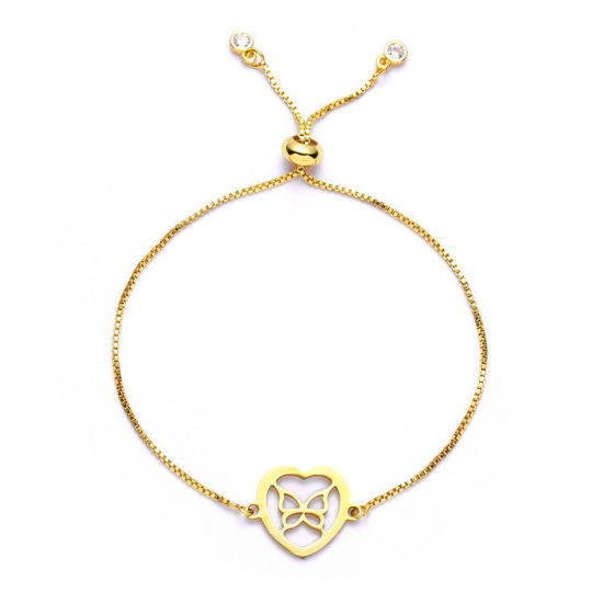 Immagine di 304 Acciaio Inossidabile Slider Regolabile Bolo Bracciale / Presentazione Oro Placcato Cuore Farfalla 25cm Lunghezza, 1 Pz