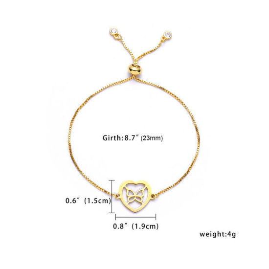 Immagine di 304 Acciaio Inossidabile Slider Regolabile Bolo Bracciale / Presentazione Oro Placcato Cuore Farfalla 25cm Lunghezza, 1 Pz