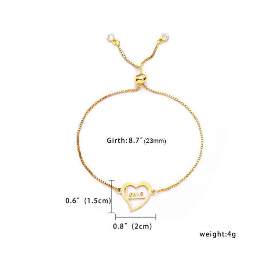 Picture of 304 Stainless Steel Adjustable Slider/ Slide Bolo Bracelets Gold Plated Heart Message " LOVE " 25cm(9 7/8") long, 1 Piece