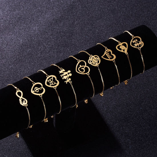 Picture of 304 Stainless Steel Adjustable Slider/ Slide Bolo Bracelets Gold Plated Heart Message " LOVE " 25cm(9 7/8") long, 1 Piece