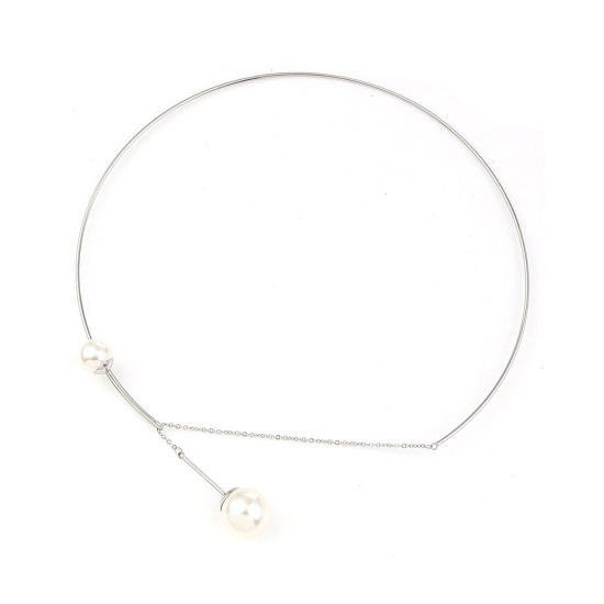 Image de Collier Tour de Cou en 304 Acier Inoxydable Argent Mat Blanc Perle Imitation Acrylique 38.5cm Long, 1 Pièce