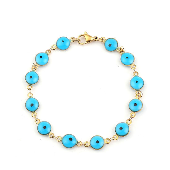 Immagine di 304 Acciaio Inossidabile Braccialetti Oro Placcato Blu Polka Dot Smalto 20.4cm Lunghezza, 1 Pz