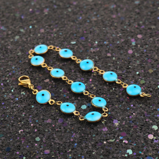 Immagine di 304 Acciaio Inossidabile Braccialetti Oro Placcato Blu Polka Dot Smalto 20.4cm Lunghezza, 1 Pz