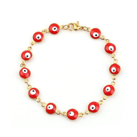 Imagen de 1 Unidad Enchapado al Vacío 304 Acero Inoxidable Religión Pulseras Chapado en Oro Rojo Mal de ojo Esmalte 20.3cm longitud