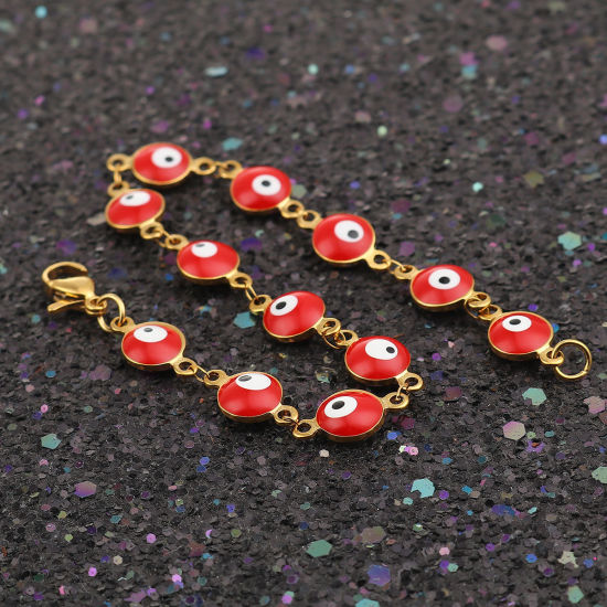 Imagen de 1 Unidad Enchapado al Vacío 304 Acero Inoxidable Religión Pulseras Chapado en Oro Rojo Mal de ojo Esmalte 20.3cm longitud