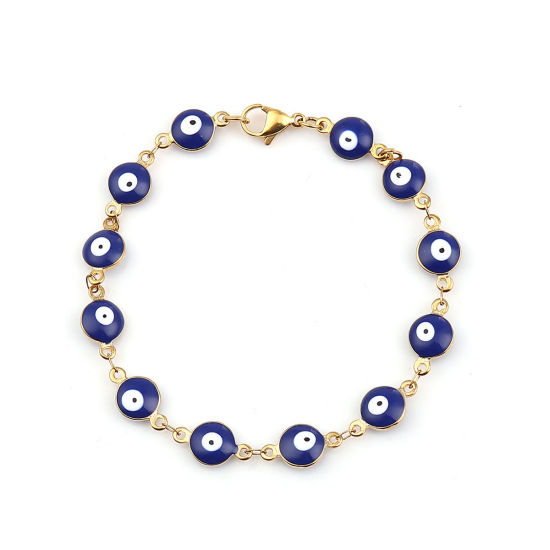 Image de Bracelets Religieux en 304 Acier Inoxydable Doré Bleu Foncé Mauvais Œil Émail 20.3cm long, 1 Pièce