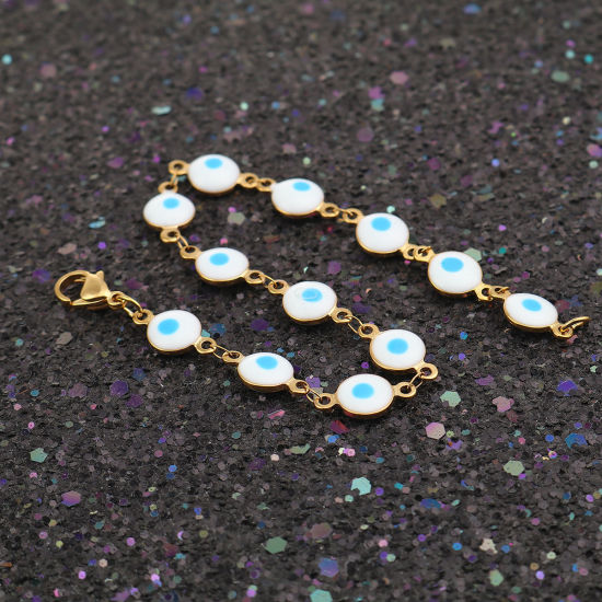 Imagen de 304 Acero Inoxidable Pulseras Chapado en Oro Blanco & Azul Punto Esmalte 20.4cm longitud, 1 Unidad