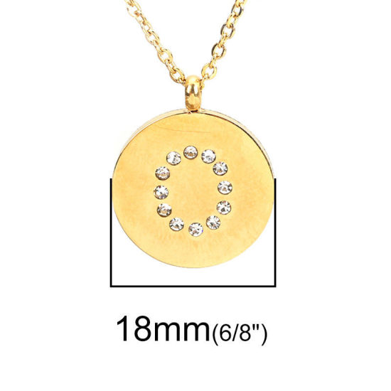 316ステンレス鋼 ネックレス 金メッキ 円形 キャピタルレター 文字“ O ” 透明 ラインストーン 45cm長さ、 1 本 の画像