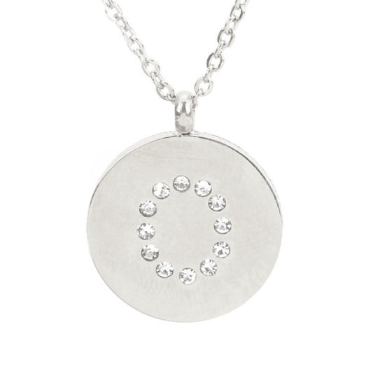 Image de Colliers en 316 Acier Inoxydable Argent Mat Rond Alphabet Initial/ Lettre Majuscule Gravé Mot " O " Transparent Strass 44cm Long, 1 Pièce