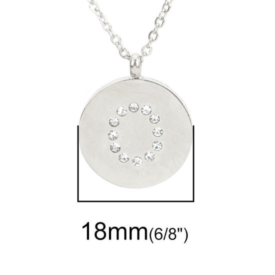 Image de Colliers en 316 Acier Inoxydable Argent Mat Rond Alphabet Initial/ Lettre Majuscule Gravé Mot " O " Transparent Strass 44cm Long, 1 Pièce