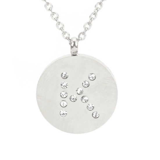 Imagen de 316 Acero Inoxidable Collares Tono de Plata Ronda Mayúscula Letra " K " Transparente Rhinestone 44cm longitud, 1 Unidad
