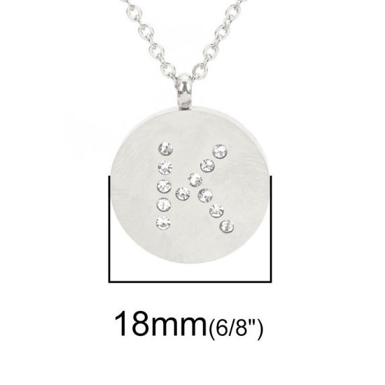 Imagen de 316 Acero Inoxidable Collares Tono de Plata Ronda Mayúscula Letra " K " Transparente Rhinestone 44cm longitud, 1 Unidad
