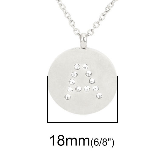 316ステンレス鋼 ネックレス シルバートーン 円形 キャピタルレター 文字“ A ” 透明 ラインストーン 44cm長さ、 1 本 の画像