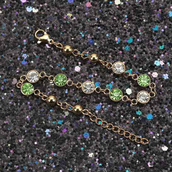 Imagen de 304 Acero Inoxidable Pulseras Chapado en Oro Verde Rhinestone 16.6cm longitud, 1 Unidad