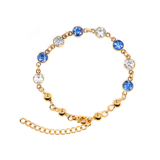 Picture of 304 Stainless Steel Bracelets Gold Plated Blue Rhinestone 16.6cm(6 4/8") long, 1 Piece