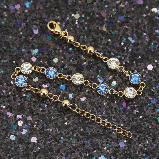 Picture of 304 Stainless Steel Bracelets Gold Plated Blue Rhinestone 16.6cm(6 4/8") long, 1 Piece