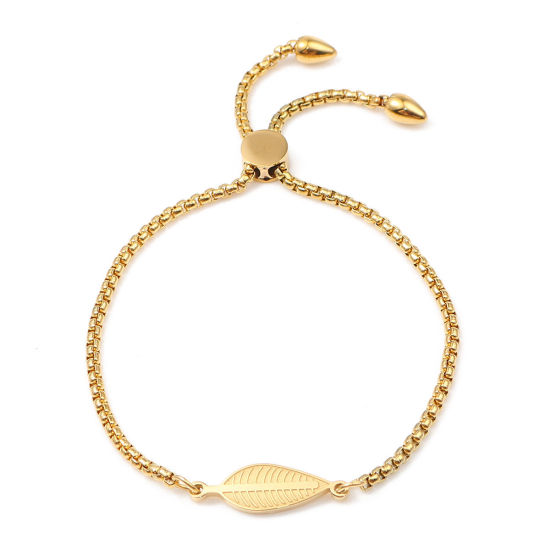 Immagine di 304 Acciaio Inossidabile Slider Regolabile Bolo Bracciale / Presentazione Oro Placcato Foglia 26.3cm - 25.3cm Lunghezza, 1 Pz