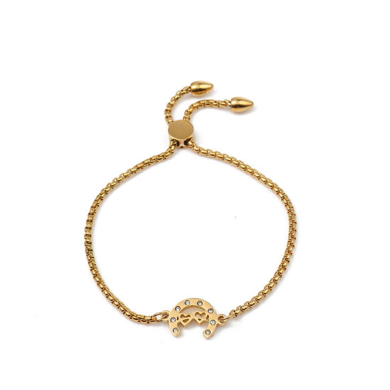 Immagine di 304 Acciaio Inossidabile Slider Regolabile Bolo Bracciale / Presentazione Oro Placcato forma di C Cuore Trasparente Strass 26.3cm - 25.3cm Lunghezza, 1 Pz