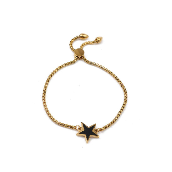 Imagen de 304 Acero Inoxidable Ajustable Slider/ Slide Pulsera Chapado en Oro Negro Estrellas de cinco puntos 26.3cm - 25.3cm longitud, 1 Unidad