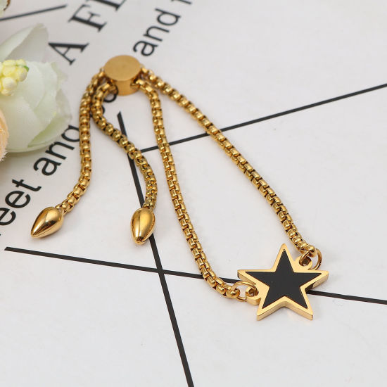 Imagen de 304 Acero Inoxidable Ajustable Slider/ Slide Pulsera Chapado en Oro Negro Estrellas de cinco puntos 26.3cm - 25.3cm longitud, 1 Unidad
