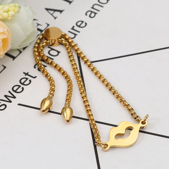 Picture of 304 Stainless Steel Adjustable Slider/ Slide Bolo Bracelets Gold Plated Lip 26.3cm(10 3/8") long - 25.3cm(10") long, 1 Piece