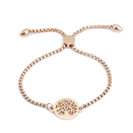 Imagen de 304 Acero Inoxidable Ajustable Slider/ Slide Pulsera Oro Rosa Ronda Árbol 26.3cm - 25.3cm longitud, 1 Unidad