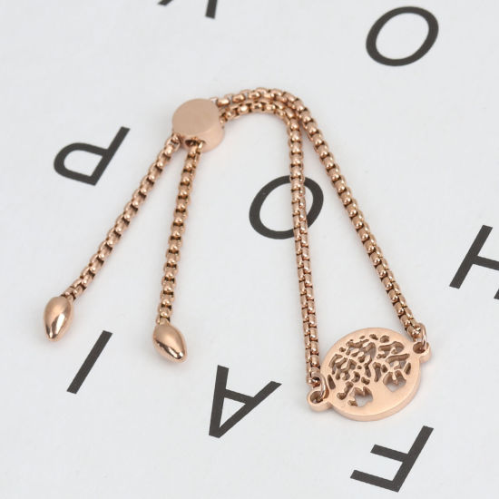 Imagen de 304 Acero Inoxidable Ajustable Slider/ Slide Pulsera Oro Rosa Ronda Árbol 26.3cm - 25.3cm longitud, 1 Unidad