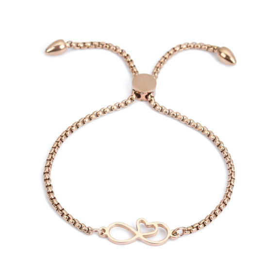 Picture of 304 Stainless Steel Adjustable Slider/ Slide Bolo Bracelets Rose Gold Infinity Symbol Heart 26.3cm(10 3/8") long - 25.3cm(10") long, 1 Piece