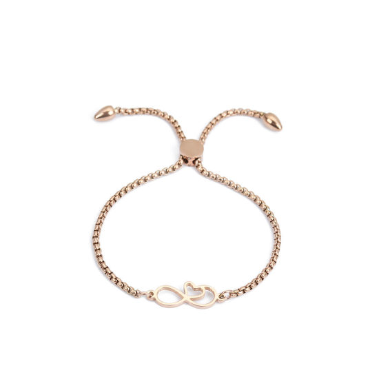 Picture of 304 Stainless Steel Adjustable Slider/ Slide Bolo Bracelets Rose Gold Infinity Symbol Heart 26.3cm(10 3/8") long - 25.3cm(10") long, 1 Piece