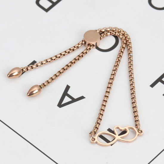 Picture of 304 Stainless Steel Adjustable Slider/ Slide Bolo Bracelets Rose Gold Infinity Symbol Heart 26.3cm(10 3/8") long - 25.3cm(10") long, 1 Piece