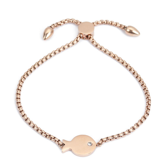 Immagine di 304 Acciaio Inossidabile Slider Regolabile Bolo Bracciale / Presentazione Oro Rosa Pesce Trasparente Strass 25.3cm - 24.3cm Lunghezza, 1 Pz
